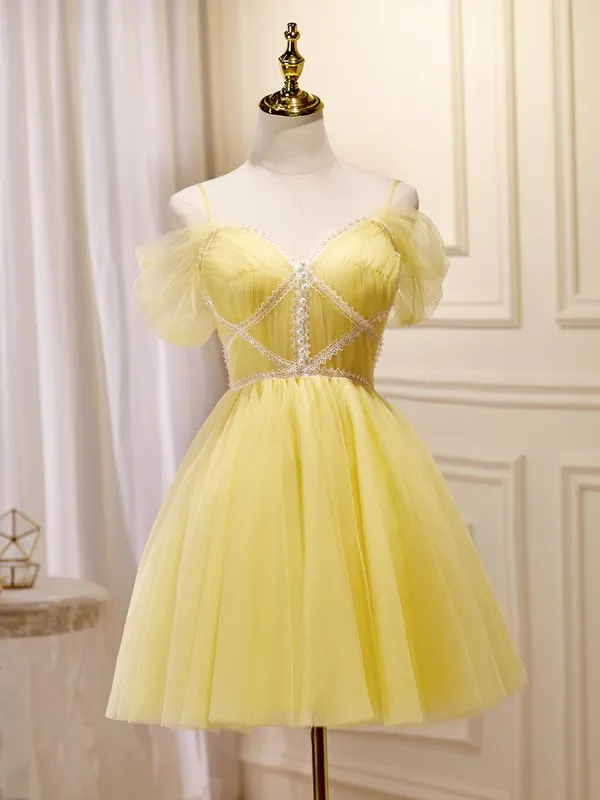 A-line Spaghetti Straps Yellow Short Prom Dress Juniors Cute Homecoming Dresses KTS005