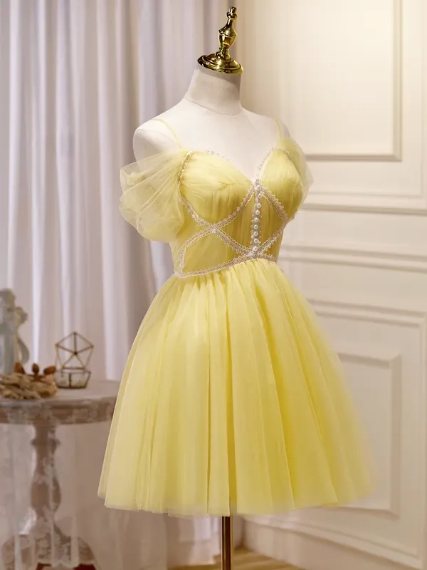 A-line Spaghetti Straps Yellow Short Prom Dress Juniors Cute Homecoming Dresses KTS005