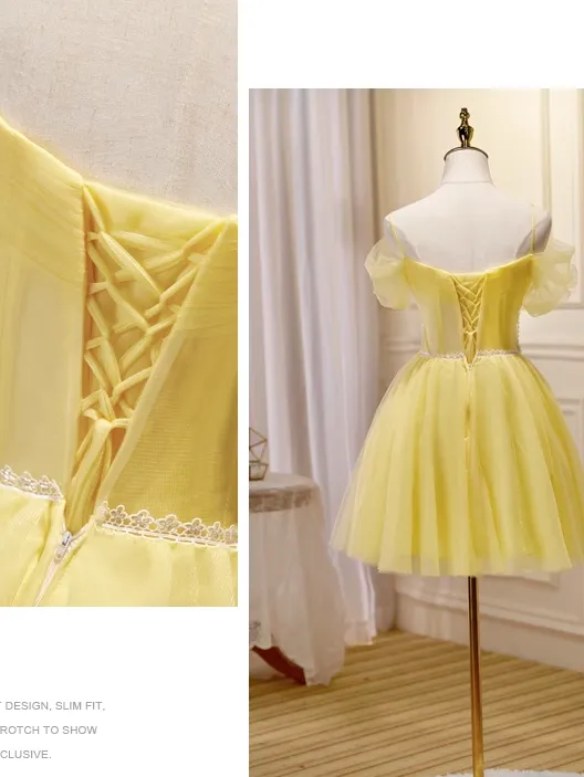 A-line Spaghetti Straps Yellow Short Prom Dress Juniors Cute Homecoming Dresses KTS005