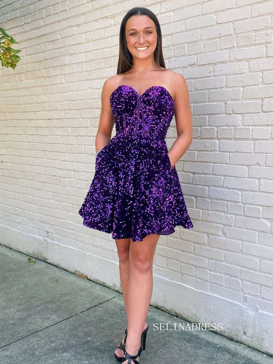 A-Line Sweetheart Purple Sequin Short Homecoming Dress #sea100