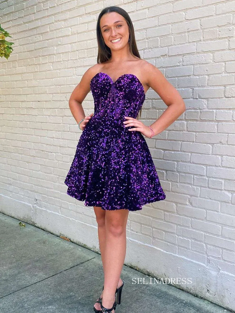 A-Line Sweetheart Purple Sequin Short Homecoming Dress #sea100