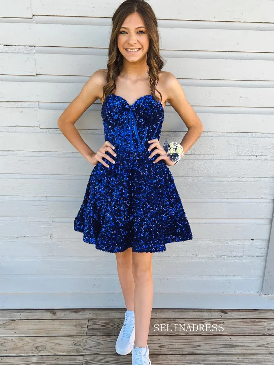 A-Line Sweetheart Purple Sequin Short Homecoming Dress #sea100