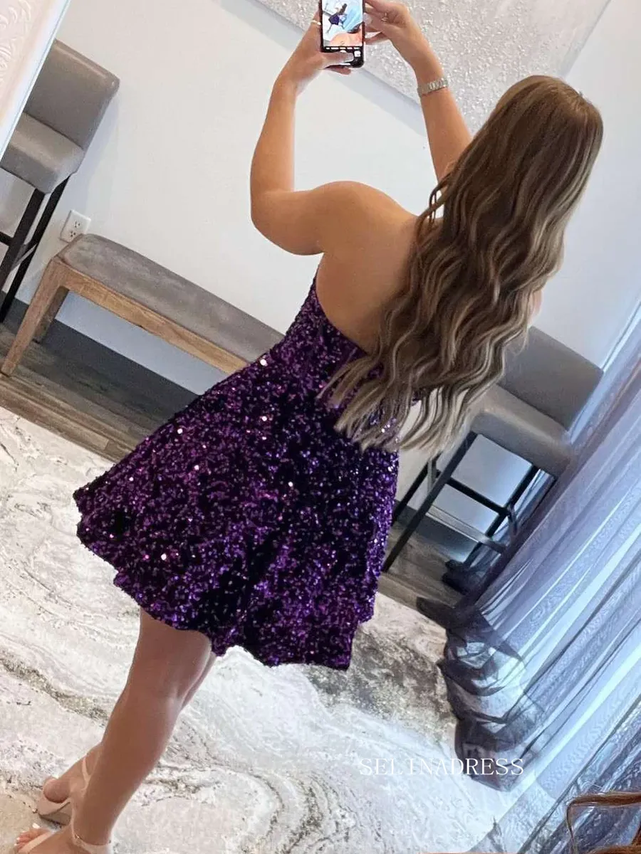 A-Line Sweetheart Purple Sequin Short Homecoming Dress #sea100