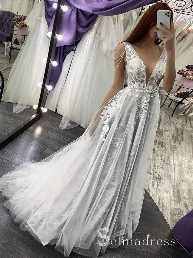 A-line V neck Applique Lace Wedding Dresses Rustic Bridal Gowns MLD002