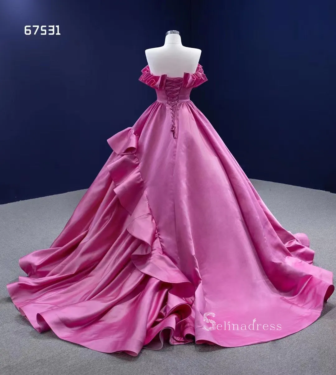 Ball Gown Pink Ruffle Quince Dresses Satin Ball Gown Wedding Dress RSM67531