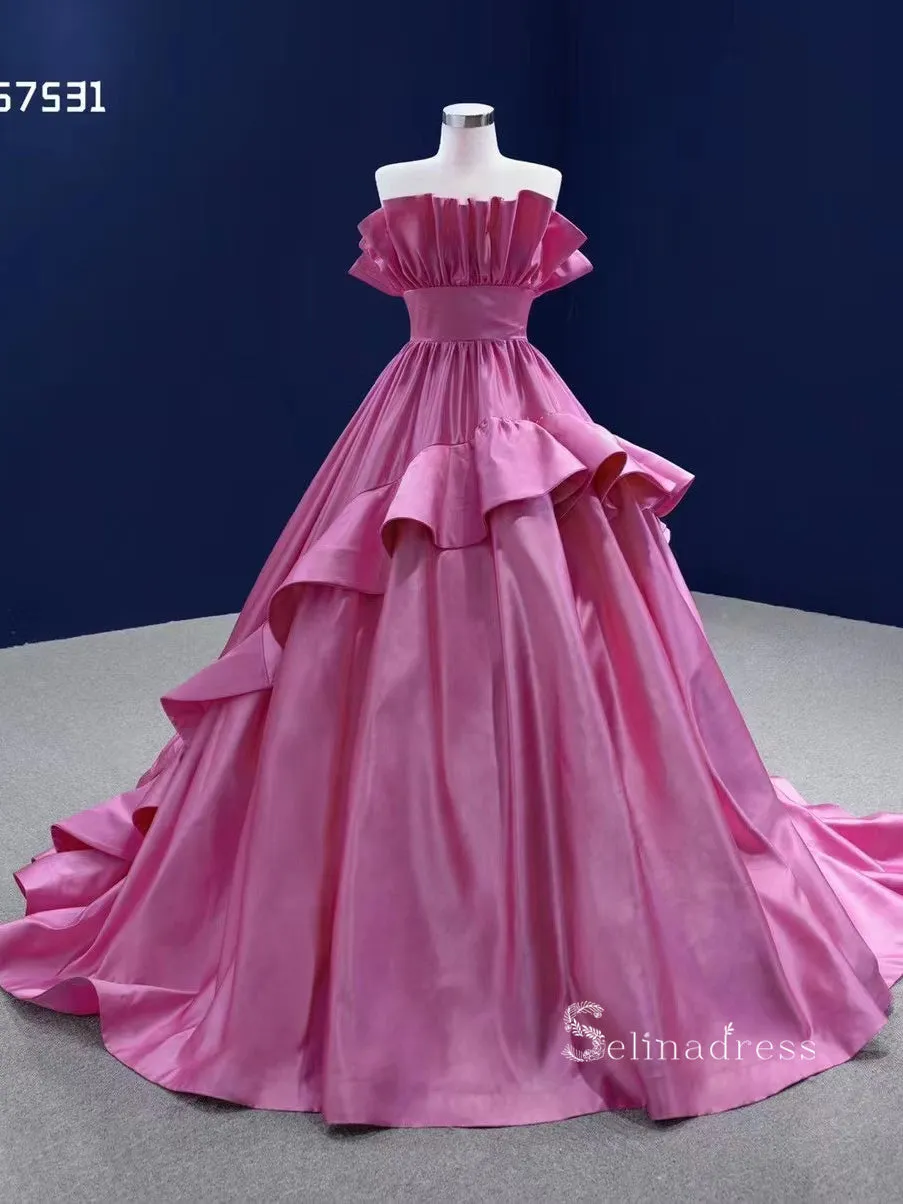 Ball Gown Pink Ruffle Quince Dresses Satin Ball Gown Wedding Dress RSM67531