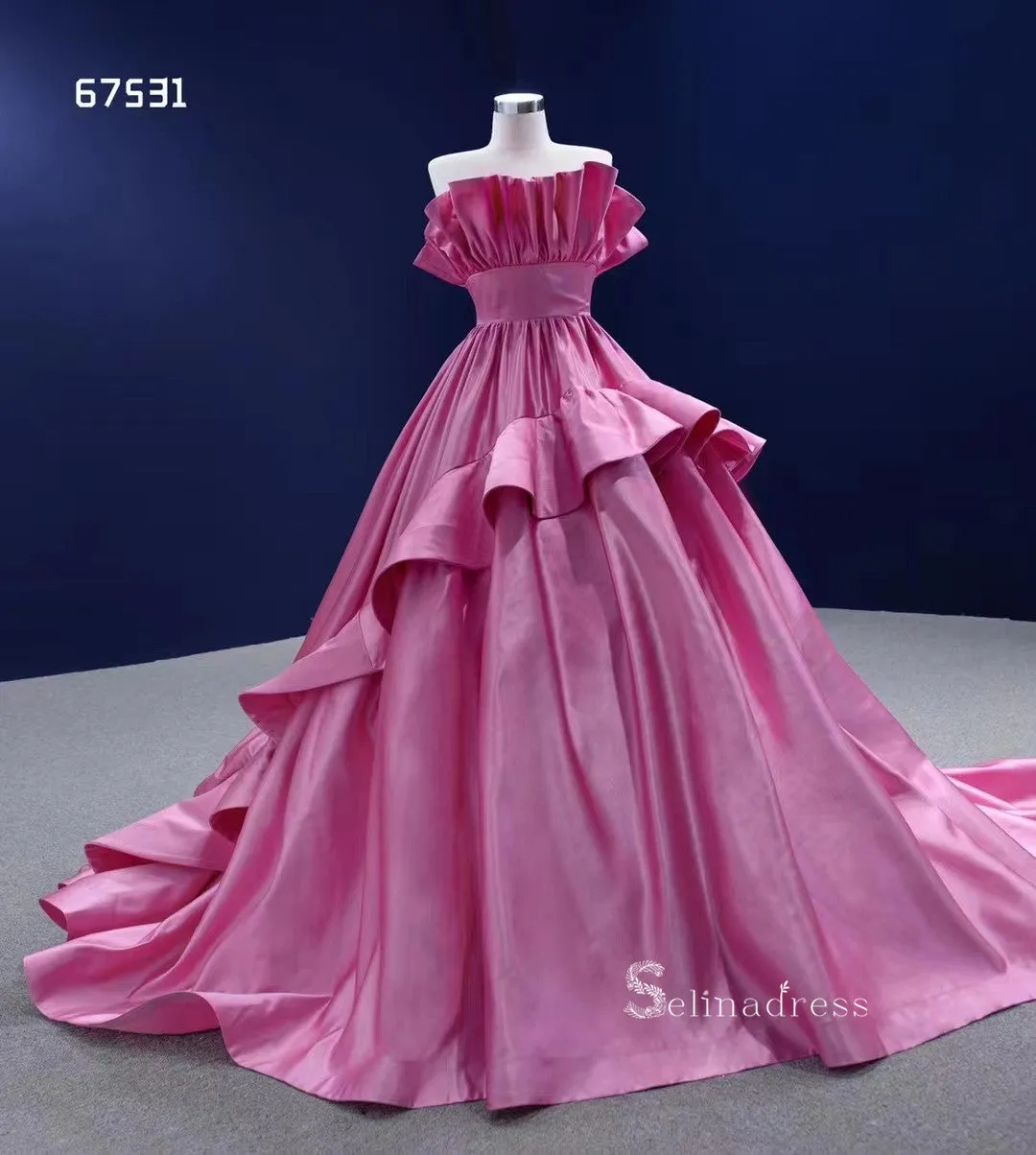 Ball Gown Pink Ruffle Quince Dresses Satin Ball Gown Wedding Dress RSM67531