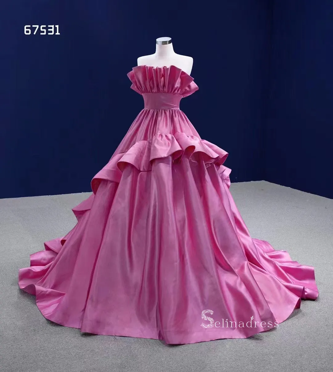 Ball Gown Pink Ruffle Quince Dresses Satin Ball Gown Wedding Dress RSM67531