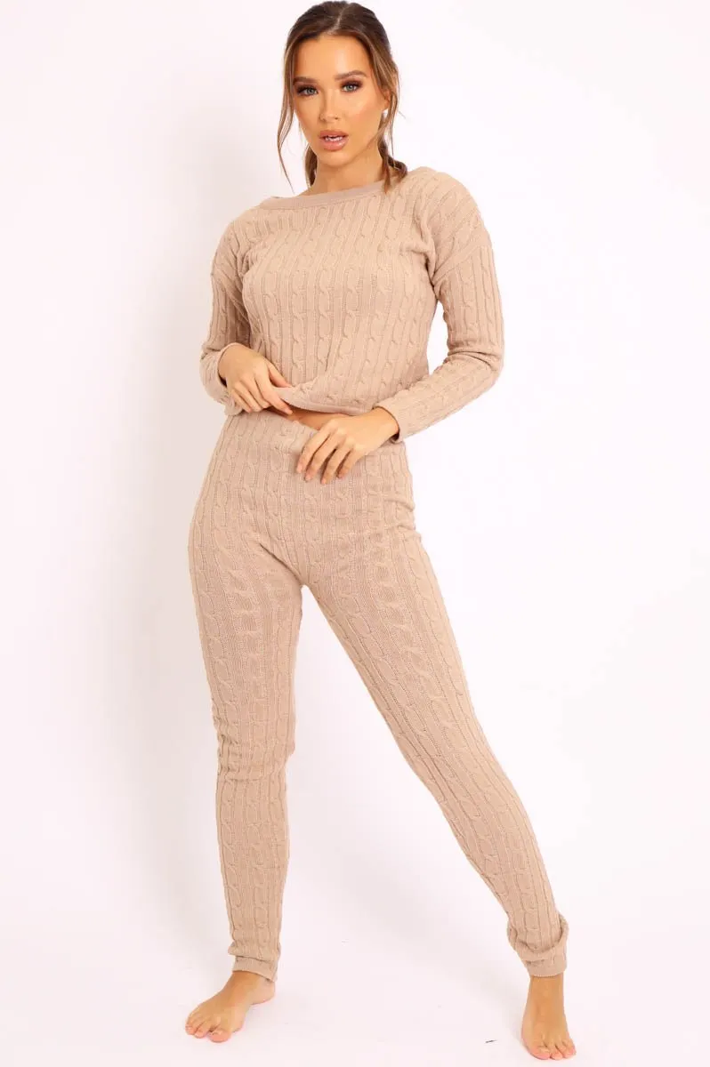 Beige Cable Knit Loungewear Co-ord - Anha