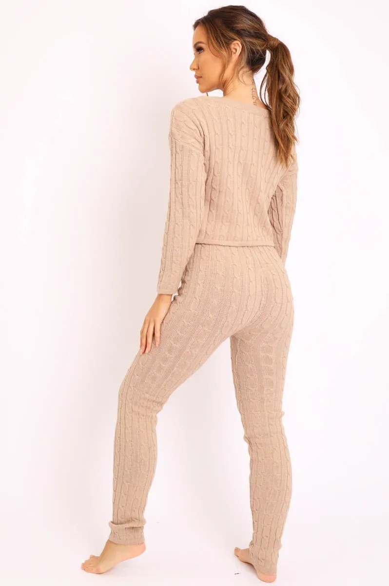 Beige Cable Knit Loungewear Co-ord - Anha