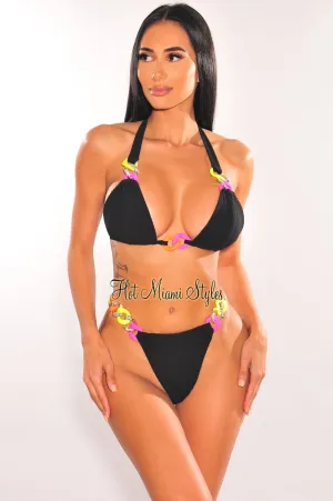 Black Neon Chain Halter Triangle Top Bikini Bottom