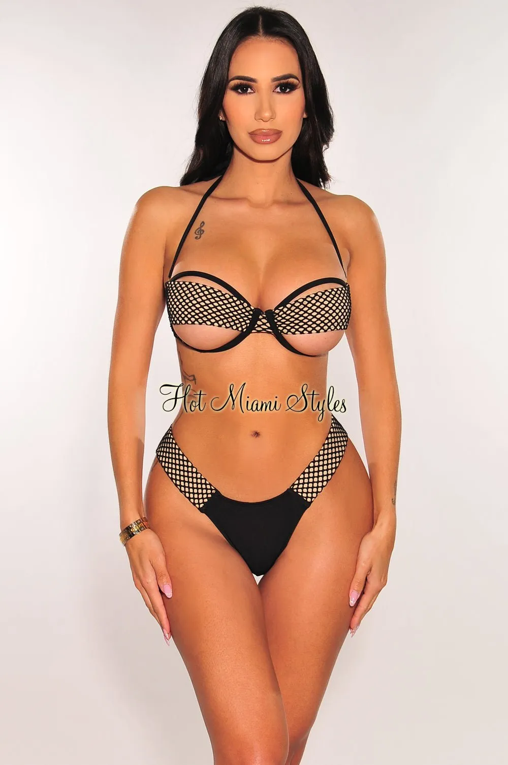 Black Nude Halter Underwire Fishnet Cut Out Tie Up Thong Bikini Bottom