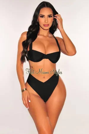 Black Underwire High Waist Ruched Cheeky Bikini Top