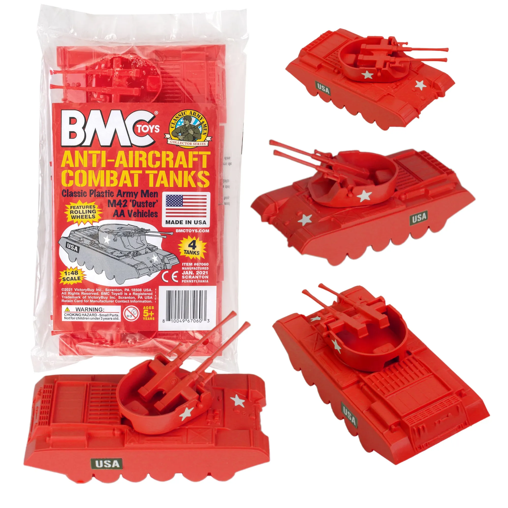 BMC Classic Payton Anti-Aircraft Tanks - 4pc Red Plastic Army Men Vehicles