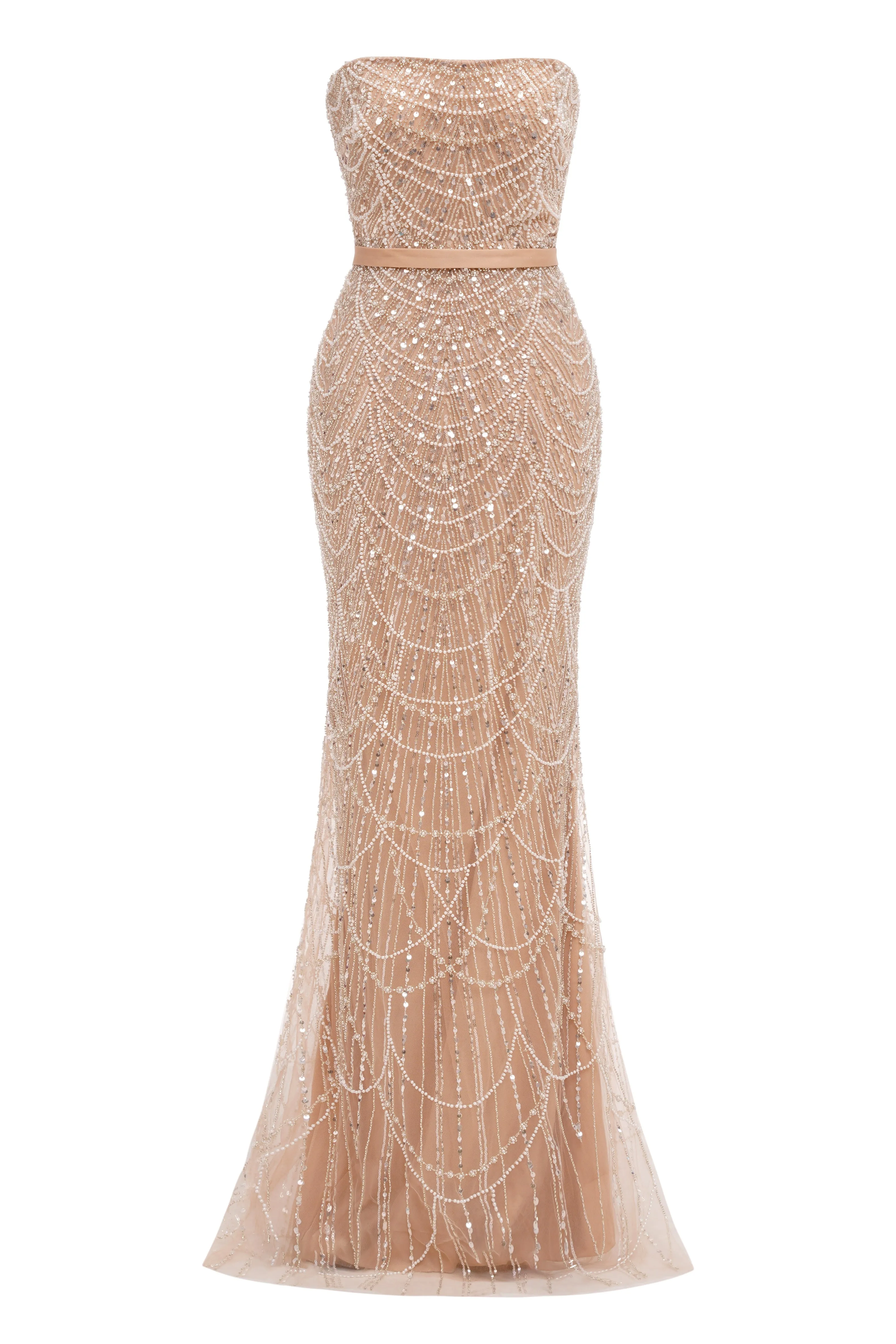 Champagne Beading Prom Dresses Sweep Train High Neck Zipper Sleeveless Evening Dresses