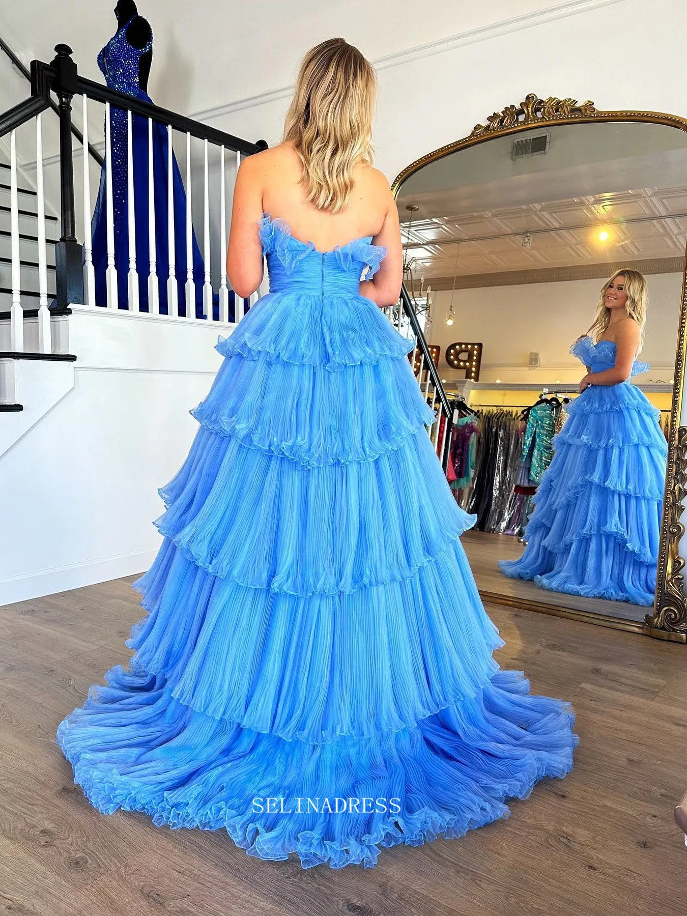 Chic A-line Strapless Blue Lyered Long Prom Dress Elegant Party Dress #lop241