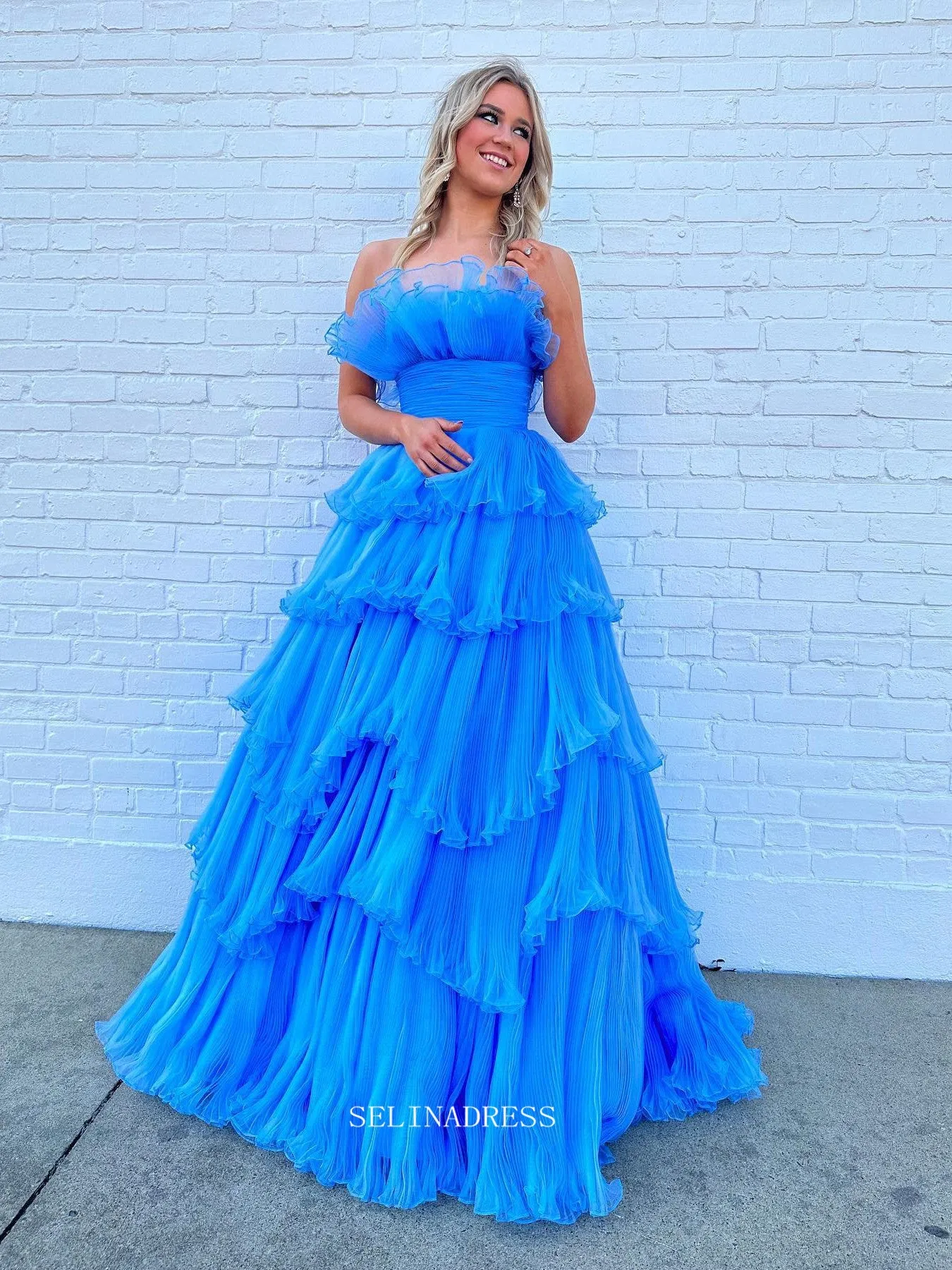 Chic A-line Strapless Blue Lyered Long Prom Dress Elegant Party Dress #lop241