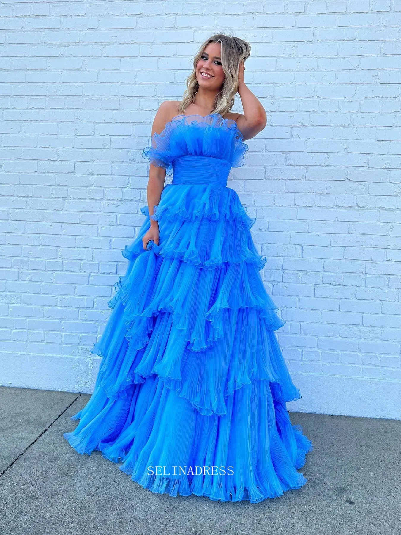 Chic A-line Strapless Blue Lyered Long Prom Dress Elegant Party Dress #lop241