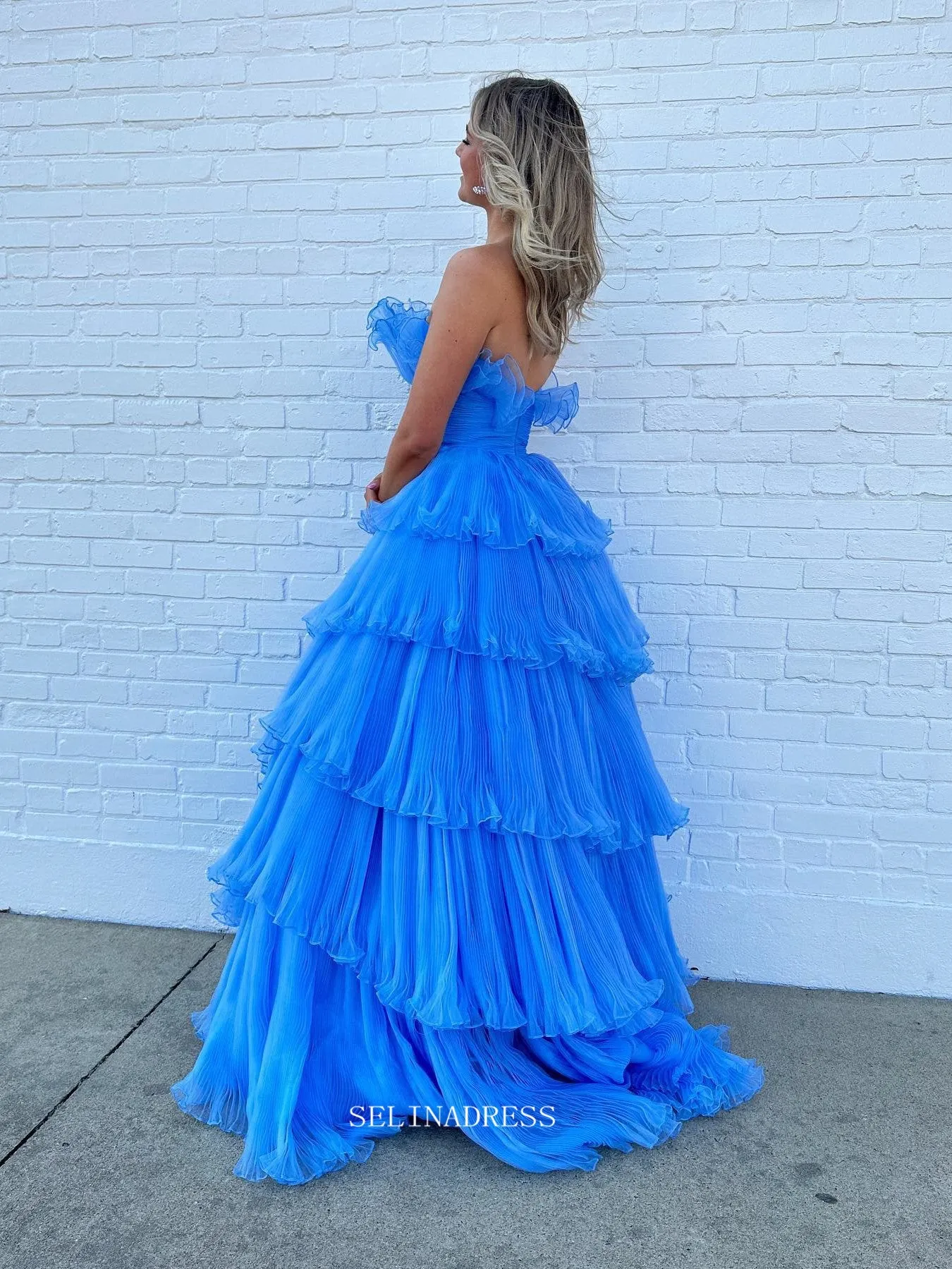 Chic A-line Strapless Blue Lyered Long Prom Dress Elegant Party Dress #lop241