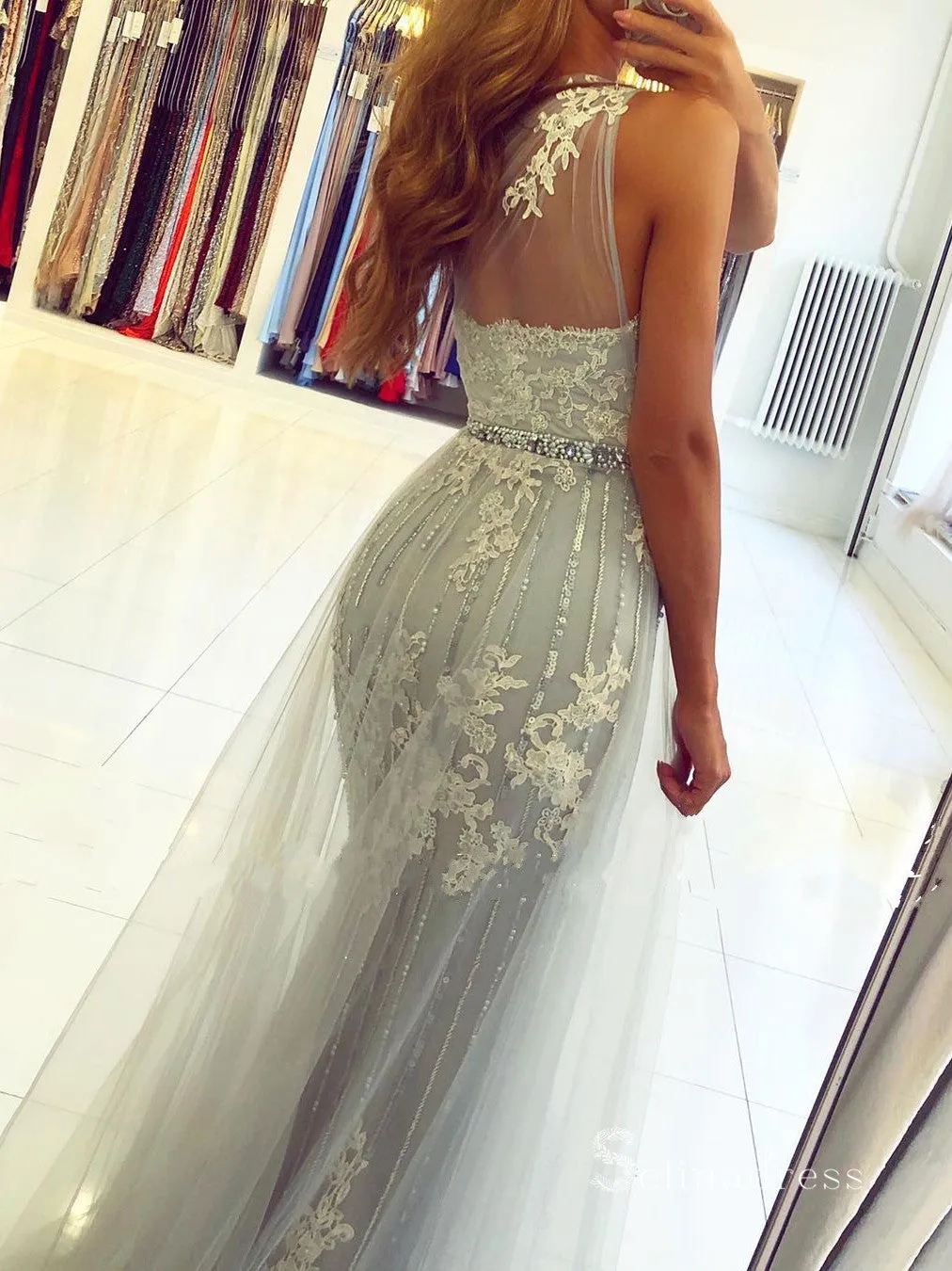 Chic Mermaid One Shoulder Gray Applique Long Prom Dresses Cheap Evening Dresses MLH1222