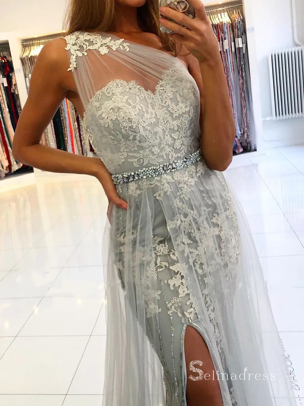 Chic Mermaid One Shoulder Gray Applique Long Prom Dresses Cheap Evening Dresses MLH1222