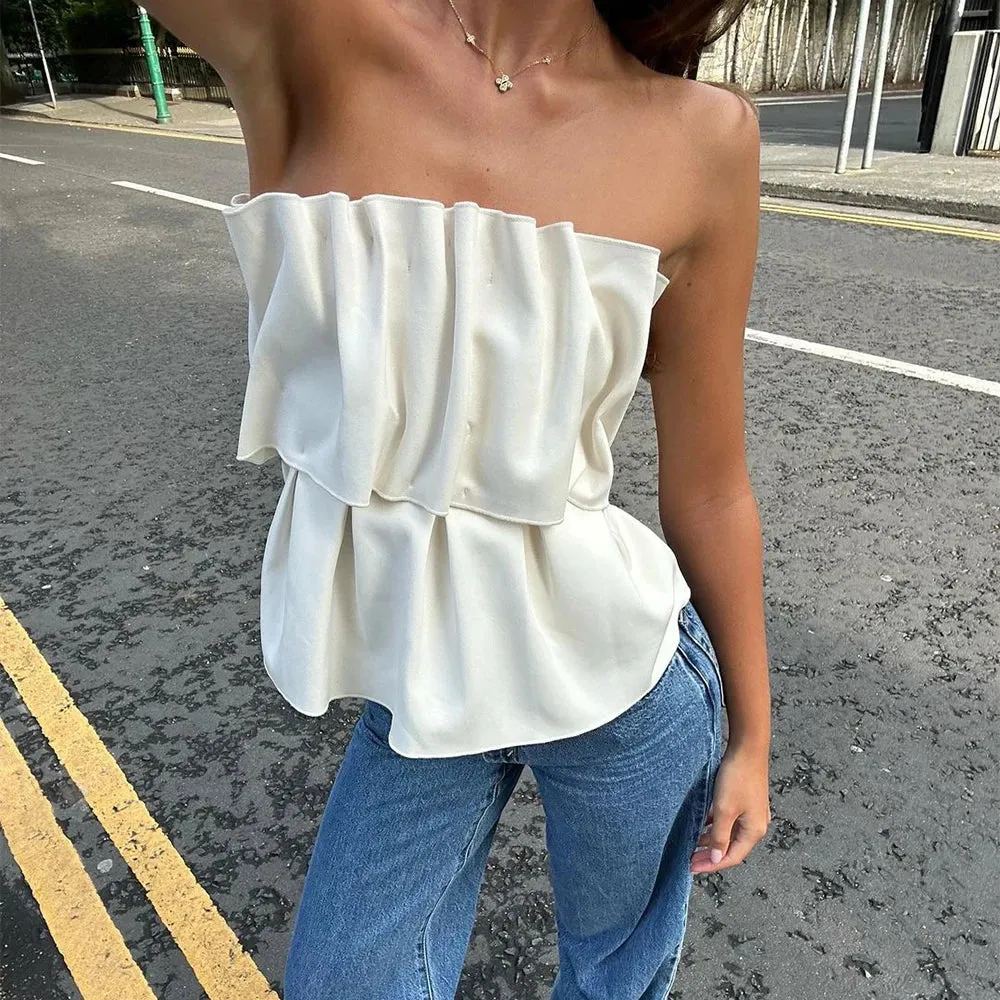 Cute Slim Street Low Solid Femme Folds Sleeveless Sexy Tank Crop Cut Autumn Clothing Club Top