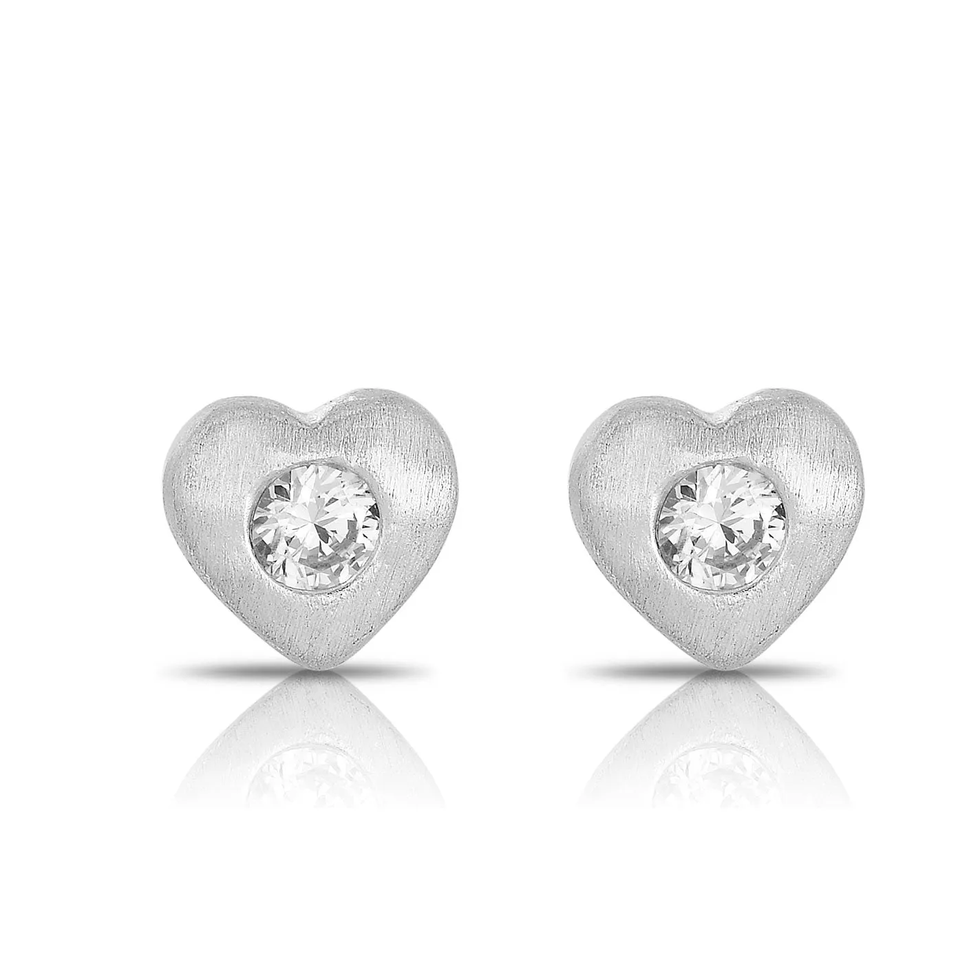 C.Z. Sterling Silver Rhodium Plated Brushed Bezel Set Heart Shape Earrings