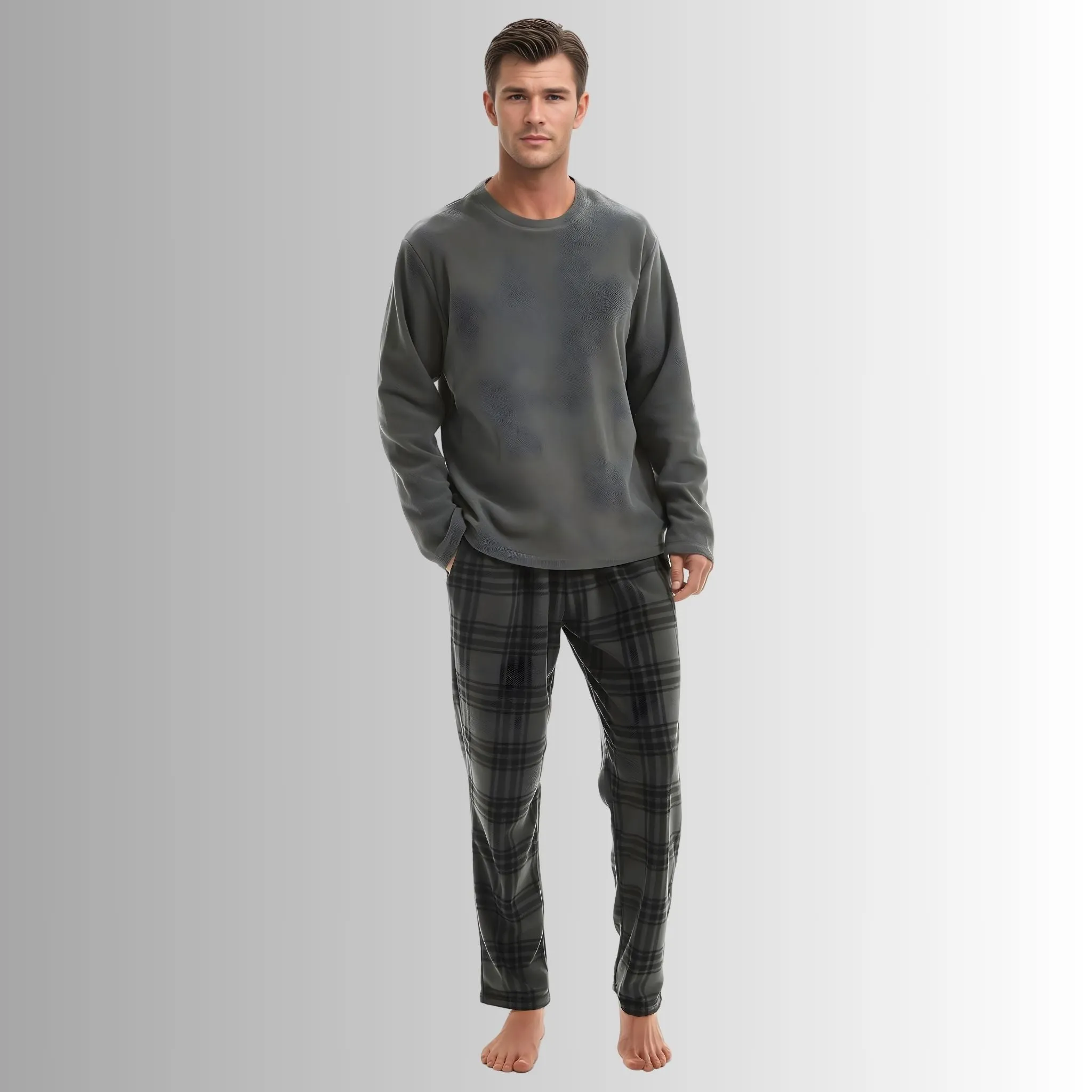 Fluffy Mens Pjs Fleece Pajama set, Mens Thermal Pyjamas in Grey Check.