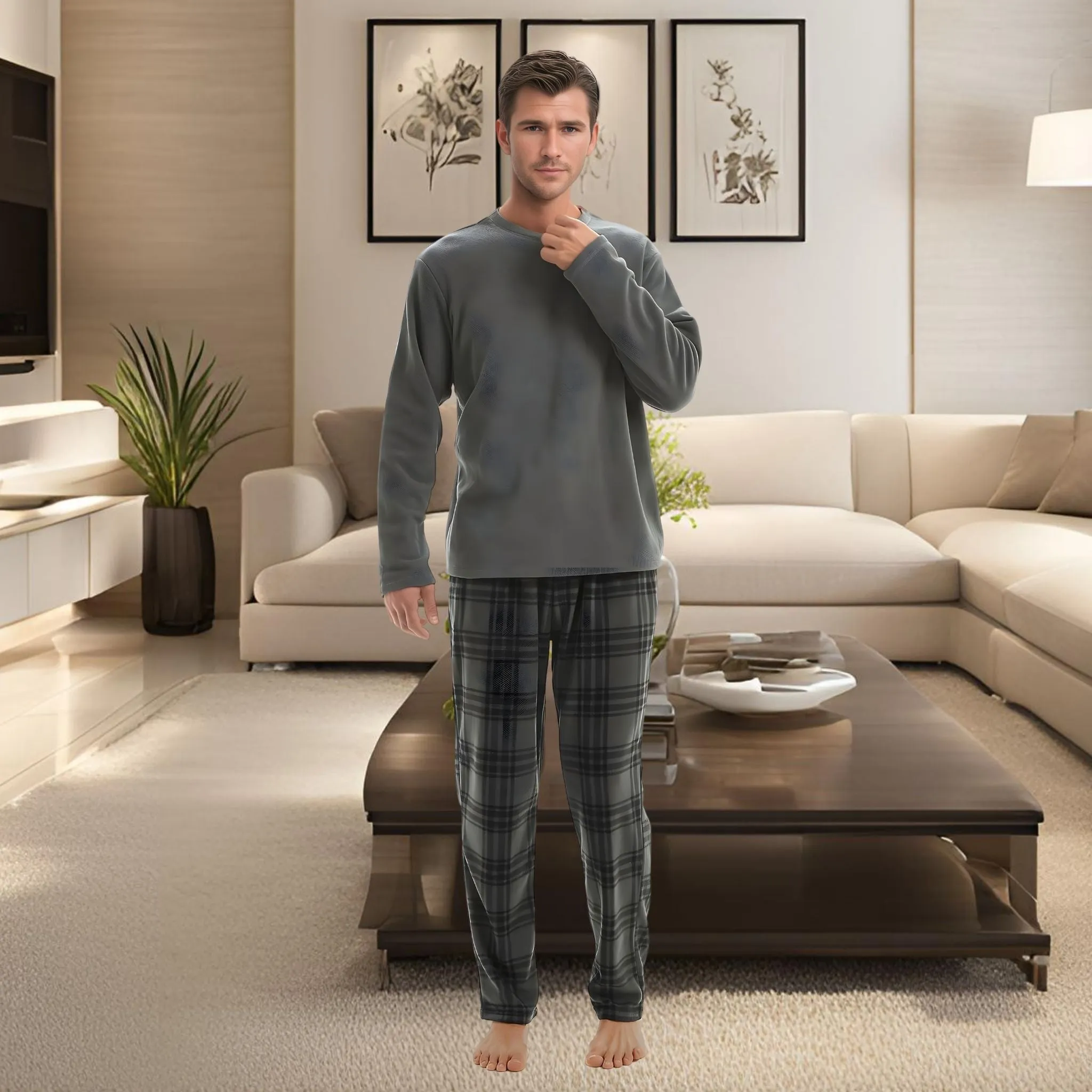 Fluffy Mens Pjs Fleece Pajama set, Mens Thermal Pyjamas in Grey Check.