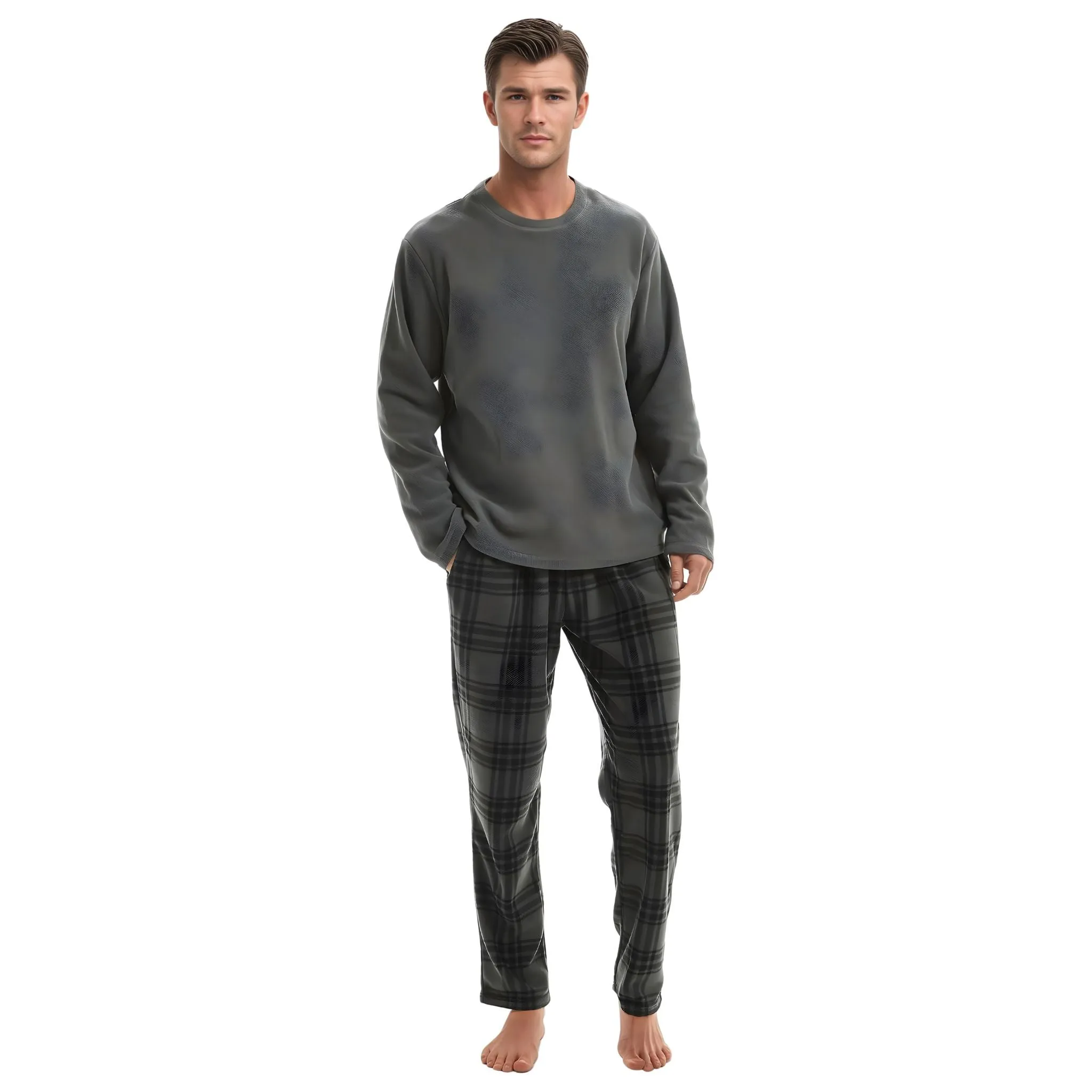 Fluffy Mens Pjs Fleece Pajama set, Mens Thermal Pyjamas in Grey Check.