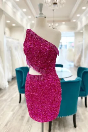 Fuchsia One Shoulder Homecoming Dress Lace-Up Sequins Homecoming Dresses with Tassels