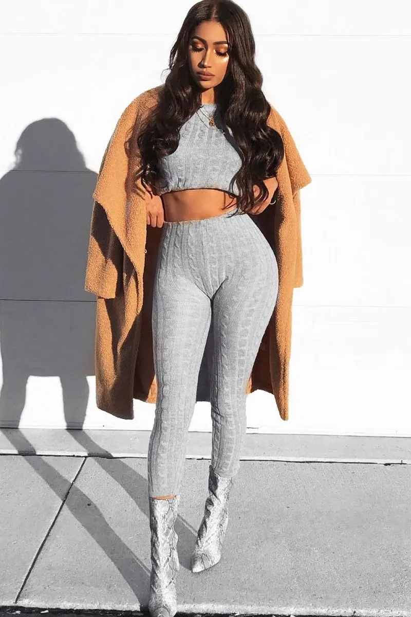 Grey Cable Knit Loungewear Co-ord - Anha