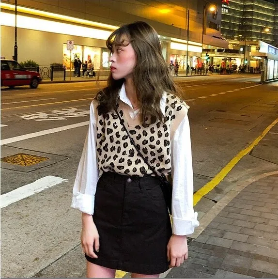 Leopard Vintage Oversize Pullovers Sleeveless Vest