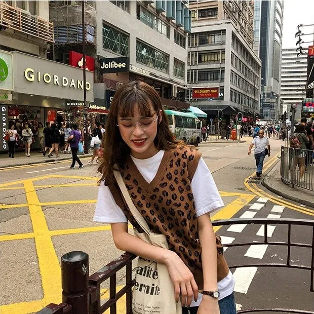 Leopard Vintage Oversize Pullovers Sleeveless Vest