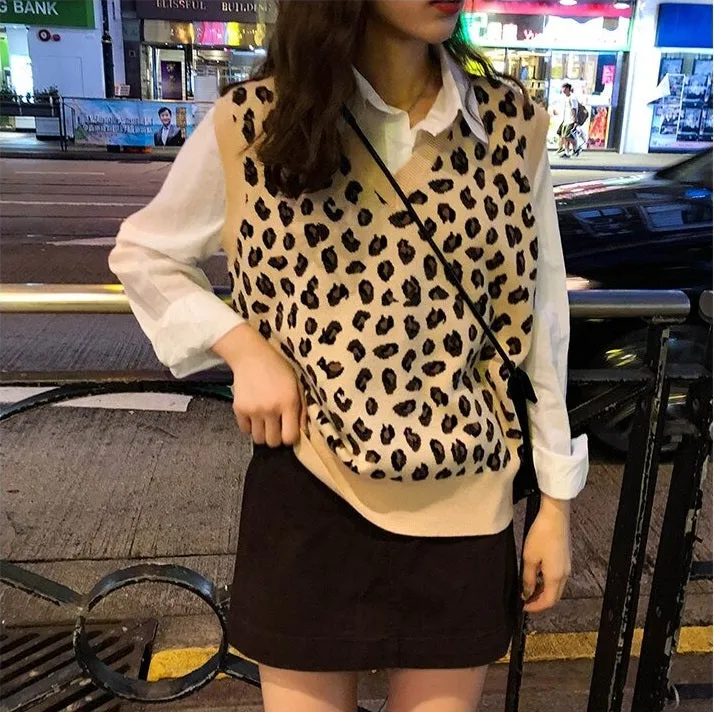 Leopard Vintage Oversize Pullovers Sleeveless Vest