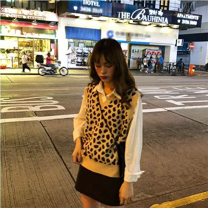 Leopard Vintage Oversize Pullovers Sleeveless Vest