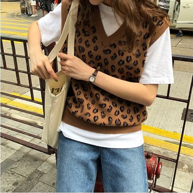 Leopard Vintage Oversize Pullovers Sleeveless Vest