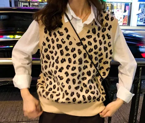 Leopard Vintage Oversize Pullovers Sleeveless Vest