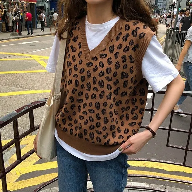 Leopard Vintage Oversize Pullovers Sleeveless Vest