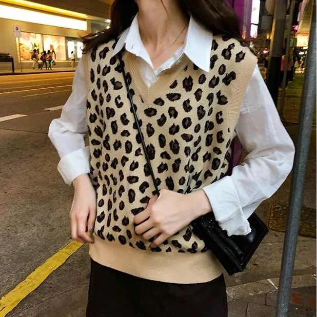 Leopard Vintage Oversize Pullovers Sleeveless Vest