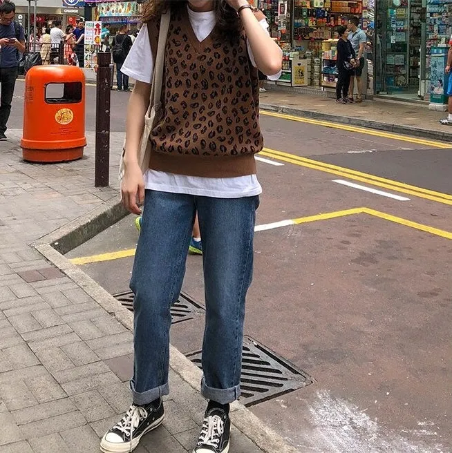 Leopard Vintage Oversize Pullovers Sleeveless Vest