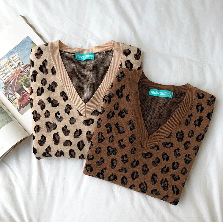 Leopard Vintage Oversize Pullovers Sleeveless Vest