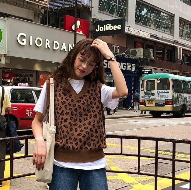 Leopard Vintage Oversize Pullovers Sleeveless Vest