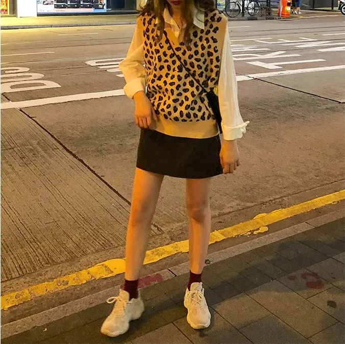 Leopard Vintage Oversize Pullovers Sleeveless Vest