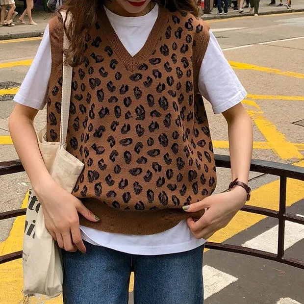 Leopard Vintage Oversize Pullovers Sleeveless Vest