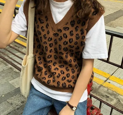 Leopard Vintage Oversize Pullovers Sleeveless Vest