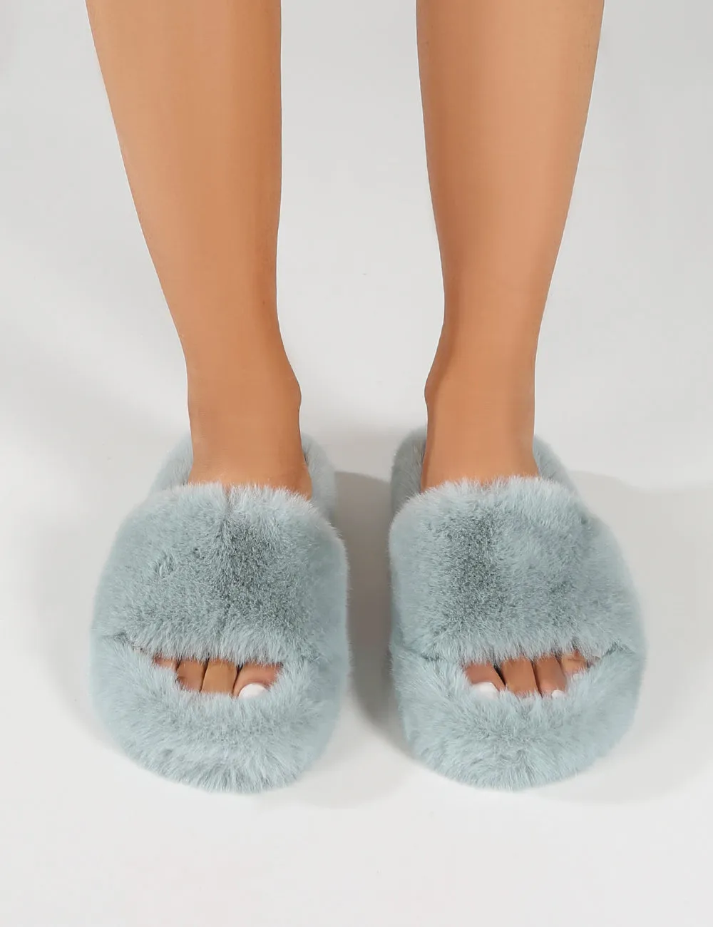 Lucky Grey Blue Faux Fur Slider Slipper