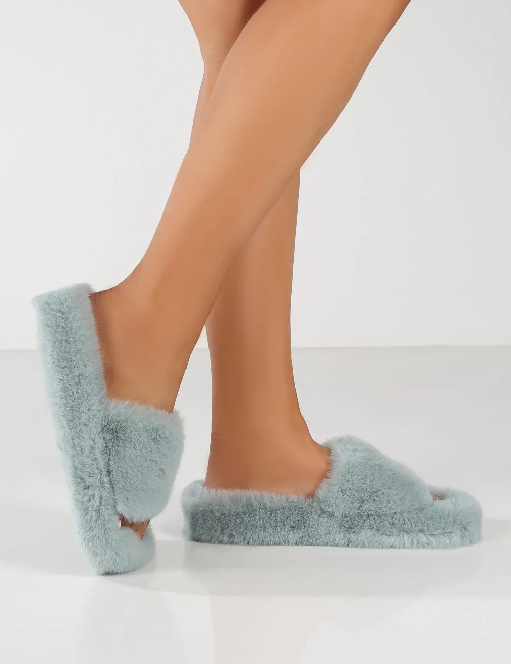 Lucky Grey Blue Faux Fur Slider Slipper