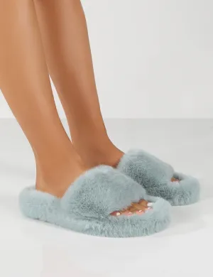 Lucky Grey Blue Faux Fur Slider Slipper