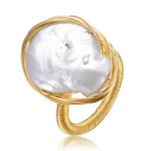 Modern Sterling Silver Gold Plated 21-22MM Genuine Freshwater Baroque Pearl Ring